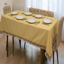 DNC Hometex Premium Sarı Keten Kahverengi Şeritli Masa Örtüsü