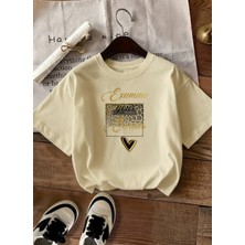 Caddekombin Kadın Leopar Kalp Baskılı Gold Yazılı Bej T-Shirt