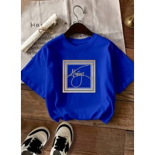 Caddekombin Kadın Always Slogan Gold Çerçeveli Saks Mavi T-Shirt