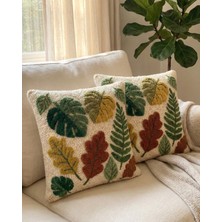 Menesa Home Punch Nakış Desenli Dijital Baskı Yeşil Kahverengi Sonbahar Yaprak Temalı 2’li Kırlent Kılıfı Seti