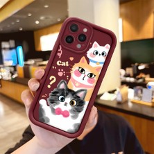 Ucuc iPhone 14 Pro Max Uyumlu Sevimli Kedi Desenli Bordo Silikon Lens Koruma Şok Emici Kılıf