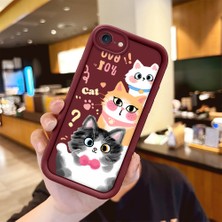 Ucuc iPhone 7/8/se 2020 2022 Uyumlu Sevimli Kedi Desenli Bordo Silikon Lens Koruma Şok Emici Kılıf