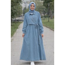 Moda Kadın Açık Mavi Kot Elbise 140 cm | Kuşaklı Kruvaze Yaka Uzun Kollu Tesettür Günlük Jean Elbise