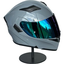 Scharf 902 Çene Açılır Motosiklet Kaskı – Güneş Gözlüklü Cement Grey (Rainbow Green Vizörlü)