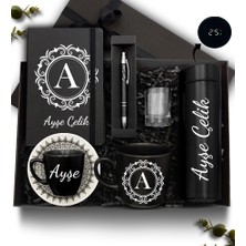 As Gift Kişiye Özel Siyah 500 ml Dereceli Termos & Defter & Kupa & Fincan&cam Su Bardağı & Kalem Hediye Seti