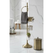 İsaoğlu Yapı Eskitme Gold Banyo Seti Tuvalet Kağıtlık Havluluk Kova ve Klozet Fırçası Retro Banyo Seti Pirinç