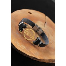 Inure Jewelry Gold Renk Metal Labirent Tasarım Siyah Renk Deri Erkek Bileklik