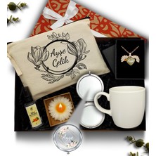 As Gift Kişiye Özel Kanvas Makyaj Çantası & Kupa & Krom Ayna &kolonya &  Kolye & Mum Hediye Seti