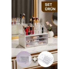 Fesya Home 2’li Makyaj Organizer Set – 3 Çekmeceli ve 16 Bölmeli Makyaj, Takı ve Kozmetik Düzenleyici Kutusu