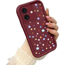 Ucuc iPhone 16 Uyumlu Bordo Silikon Kılıf Çiçek Desenli Darbeye Dayanıklı Lens Koruma