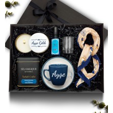As Gift Kişiye Özel Mavi Fincan & Beyaz Metal Mum & Türk Kahvesi &kolonya& Fular & Cam Su Bardağı