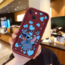 Ucuc iPhone 15 Plus Uyumlu Bordo Silikon Kılıf Sevimli Stitch Desenli Darbeye Dayanıklı Lens Koruma