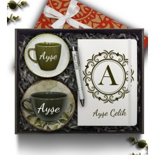 As Gift Kişiye Özel Beyaz Defter & Haki Çay Fincanı & Haki Kahve Fincanı & Kalem Hediye Seti