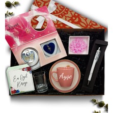 As Gift Pembe Fincan & Istiridye Inci Kolye & Mum & Kahve Yanı Cam Su Bardağı & Kalem Hediye Seti