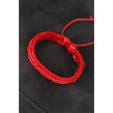 Inure Jewelry Kırmızı Renk Ayarlamalı Ipli Deri Erkek Bileklik