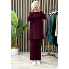 Moda Kadın Bordo Ikili Takım – Taş Detaylı Tunik & Bol Paça Pantolon – Tesettür Spor Şık Kombin