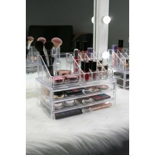 Fesya Home 2’li Şeffaf Organizer Set – 3 Çekmeceli ve 16 Bölmeli Makyaj, Takı ve Kozmetik Düzenleyici Kutusu