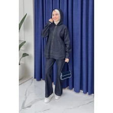 Tesettür Diyarı Simon Kapüşonlu Denim Tesettür Takım- Lacivert