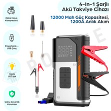 Robeve Auhma A7755 4-In-1 Şarjlı Akü Takviye Cihazı – 12000 Mah Güç Kapasitesi, 1200A Anlık Akım, Dijital Lastik Pompası, Powerbank ve LED Işıklı Çok Fonksiyonlu Acil Durum Oto Yardım Cihazı