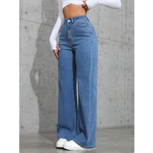 Maıson De Mode Orta Mavi Palazzo Pantolon Wide Leg Yüksek Bel Denim Jeans