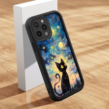 Ucuc iPhone 16 Pro Max Uyumlu Siyah Silikon Kılıf Van Gogh Gökyüzü Desenli Darbeye Dayanıklı Lens Koruma