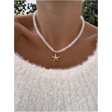 Hercy Doğal Cam Boncuklu Zirkon Taşlı Deniz Yıldızı Kolye | Tasarım Kolye | Renk Atmaz Gold Kolye