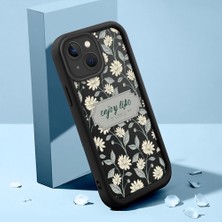 Ucuc iPhone 15 Plus Uyumlu Siyah Silikon Kılıf Retro Çiçek Desenli Darbeye Dayanıklı Lens Koruma