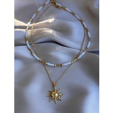 Miliva Altın Kaplama Güneş Kolye ve Beyaz Boncuklu Gold Kolye | Yazlık Kolye | Ikili Kolye | Kombin Kolye