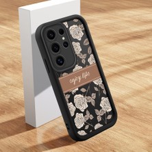 Ucuc Samsung Galaxy S24 Ultra Uyumlu Siyah Silikon Kılıf Retro Çiçek Desenli Darbeye Dayanıklı Lens Koruma