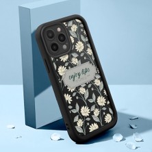 Ucuc iPhone 16 Pro Max Uyumlu Siyah Silikon Kılıf Retro Çiçek Desenli Darbeye Dayanıklı Lens Koruma