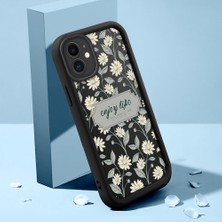 Ucuc iPhone 12 Uyumlu Siyah Silikon Kılıf Retro Çiçek Desenli Darbeye Dayanıklı Lens Koruma