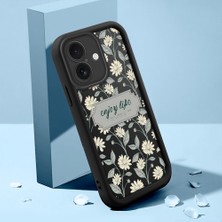 Ucuc iPhone 16 Uyumlu Siyah Silikon Kılıf Retro Çiçek Desenli Darbeye Dayanıklı Lens Koruma