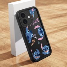 Ucuc iPhone 16 Uyumlu Siyah Silikon Kılıf Sevimli Stitch Desenli Darbeye Dayanıklı Lens Koruma