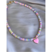 Miliva Renkli Kalpli Çocuk Kolye | Pembe Kalpli Kız Çocuk Kolye | Çocuk Takısı | 35 cm