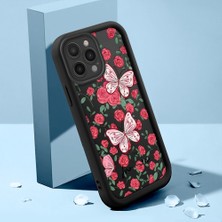 Ucuc iPhone 15 Pro Max Uyumlu Siyah Silikon Kılıf Çiçek ve Kelebek Desenli Darbeye Dayanıklı Lens Koruma