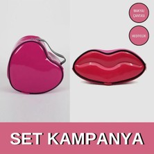 Maykis Dudak Kalp Set Kırtasiye, Hediyelik, Kalemlik, Kozmetik, Fuşya Set Makyaj Çantası