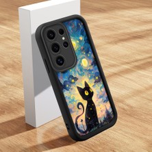 Ucuc Samsung Galaxy S24 Ultra Uyumlu Siyah Silikon Kılıf Van Gogh Gökyüzü Desenli Darbeye Dayanıklı Lens Koruma