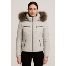 HMO Store Krem Rengi Özel Tasarım Şişme Premium Hakiki Kürklü Deri Ceket