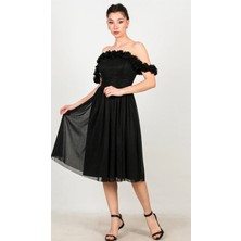 Arin Yaka Çevresi Çiçekli Simli Tül Elbise