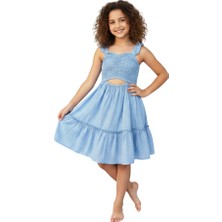 Çikoby Kız Çocuk Askılı Gipeli Dokuma Elbise Mavi – Yazlık Rahat Günlük Elbise