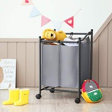 Skygo Çamaşır Ayırıcı, Tekerlekli ve 2 Bölmeli, Çamaşır Sepeti, Çıkarılabilir Çantalı Çamaşır Arabası, Toplam Kapasite 90 L, Gri, LSF002GS