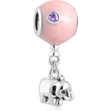 Kumi Fil Ve Mavi Balon Bilek İçin Gümüş Charm-Pembe