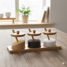 Skygo Cam Baharatlık Seti Bambu Standlı Kapaklı Kaşıklı Şık 3 Parça, 3'lü Cam Baharatlık | Şık ve Fonksiyonel Bambu Standlı - Mutfakta Estetiği Yakalayın!