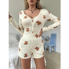 Çamaşır Kenti Pamuklu Ekru Ayıcık Desenli Düğmeli Tulum Pijama