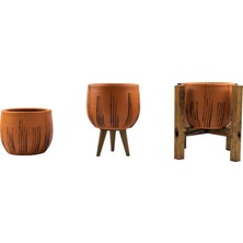Bitki Tasarımı Ev Dekorasyon Siyah Çizgi Desenli Terakota Toprak Saksı Saksılık Salon Çiçeklik Üçlü Set 12 cm