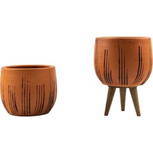 Bitki Tasarımı Ev Dekorasyon Siyah Çizgi Desenli Terakota Toprak Saksı Saksılık Salon Çiçeklik Ikili Set Ayaksız, 3 Ayaklı 12 cm