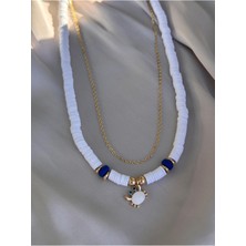 Miliva Yengeç Kolye | Ikili Kolye | Beyaz Fimo Boncuklu Kolye ve Altın Kaplama Zincir Kolye | Yazlık Kolye