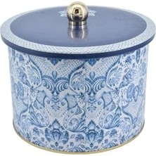 Skygo Evle-Azulejos Desenli Yuvarlak Metal Saklama Kabı 14 Cm, Erzak Kabı - Organizer Kutu 17,5 cm x 13 cm (Azulejos Hello)