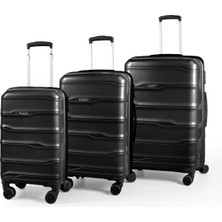 Polo&sky Azra Model Siyah Pp Poliproilen Kırılmaz 3'lü Kabin Boy + Orta Boy + Büyük Boy Valiz Seti