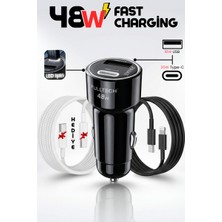 Enshall 48W Hızlı Şarj Destekli 3A Type-C ve USB Giriş Lightning Kablolu Araç Çakmaklık Şarj Aleti 12-24V